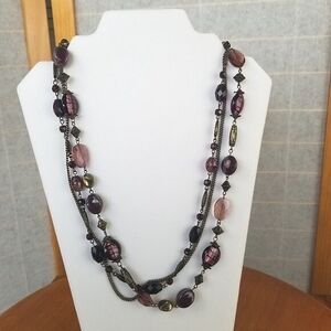 Premier Designs Triple Strand Beaded Necklace Brass Purple 24" w/Extender